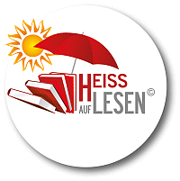 Auf weißem Hintergrund ist ein Kreis, in der Mitte ist ein Bücherstapel aus roten Büchern, sowie eine Sonne und Sonnenschirm abgebildet. Außerdem findet man darin die Schrift 