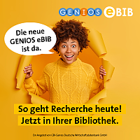 Werbebanner in gelb, eine Frau durchbricht eine Wand aus Papier und schaut erwartungsvoll in die Kamera, drumherum Text
