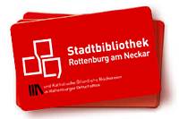 Rote Visitenkarte mit der Aufschrift Stadtbibliothek Rottenburg am Neckar.