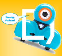 Zu sehen ist das Logo der Stadtbibliothek und der blaube Roboter Dash. In einer Sprechblase ist zu lesen: Howdy, Partner!