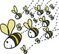 Auf dem Bild sind mehrere gezeichnete Bienen zu sehen, die alle in die gleiche Richtung fliegen. 